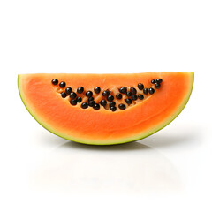 Wedge of ripe papaya with vibrant orange flesh and numerous black seeds on a white background