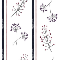 Stripes and branches with berries. Seamless pattern in blue and burgundy colors on a white background.
