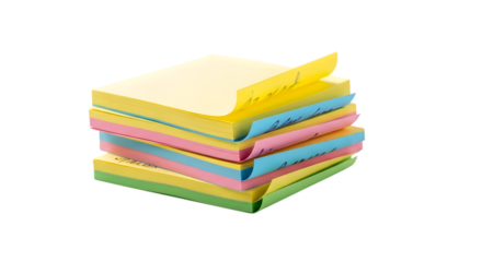 Stack of colorful sticky notes isolated on transparent background, perfect for reminders, organization, and adding a pop of color to your workspace