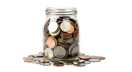 Glass jar filled with coins isolated on transparent background, symbolizing savings, investment, and financial growth for a secure future