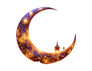 • Eid crescent moon with glowing ornament texture, transparent background
