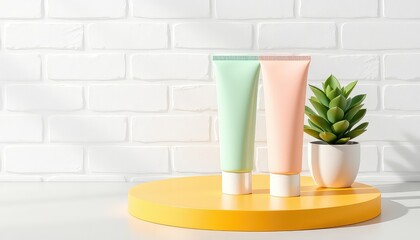 Cosmetic Tubes on Yellow Stand with Succulent and White Brick Backdrop Showcasing Product Presentation
