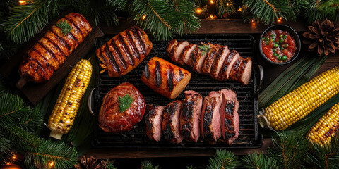 Naklejka premium Festive Christmas BBQ spread with honey-glazed ham, grilled meats and charred corn on the cob set among pine boughs and twinkling lights for a cozy holiday gathering