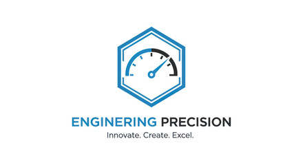 Engineering Precision Logo with Speedometer in Hexagon Frame.