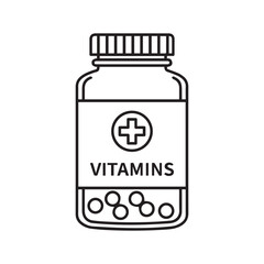 Fototapeta premium Clean outline drawing of a vitamin bottle with pills inside and a medical cross symbol on the label for health and wellness