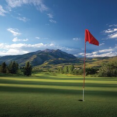 Scenic view of a golf course with a red flag near the hole and mountains in the background during a sunny day