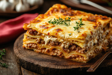 Traditional Italian beef lasagna on white dinnerware, gooey layers of pasta, cheese and sauce, garnished with herbs&mdash;festive, cozy holiday meal for family gatherings