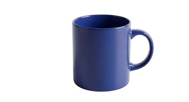 A simple blue ceramic mug isolated on transparent background, perfect for coffee, tea, or any hot beverage, showcasing its clean design and functionality