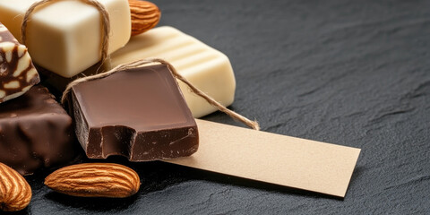 Flat lay of assorted Spanish turrón including hard almond, soft nougat ,chocolate covered varieties, arranged with festive holiday decor and blank label tag, traditional Christmas sweets, copy space