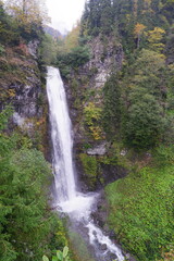A large waterfall cascading down a rocky cliff surrounded by lush green and autumn foliage in Artvin, Turkey