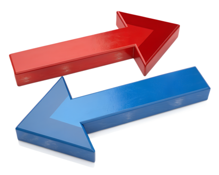 Red and blue arrows pointing in opposite directions isolated