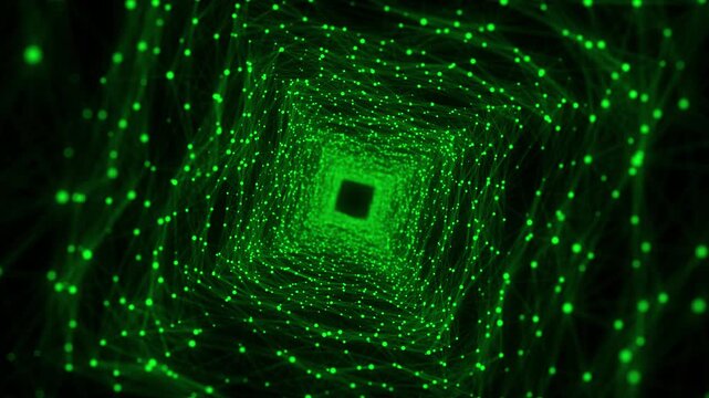 Abstract 3d twisted portal. Square tunnel or wormhole. Digital background with connected green dots. 3d rendering.