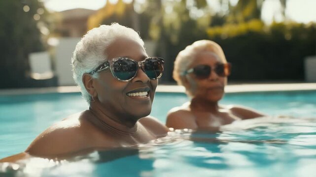 senior old two black women smiling in the pool 