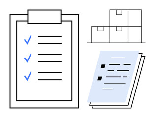 Checklist clipboard with completed tasks, stacked boxes, and documents emphasize planning, organization, and productivity. Ideal for management, logistics, goals, efficiency strategy teamwork
