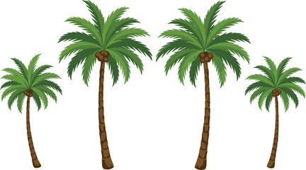 Cartoon coconut palm trees, tropical tree illustration, green frond vector, beach vegetation graphic, summer clipart, nature art, playful design © Liza