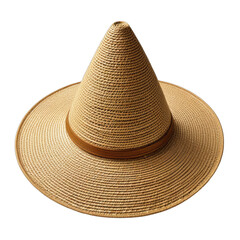 A large, round-brimmed hat, conical crown, with a brown leather band
