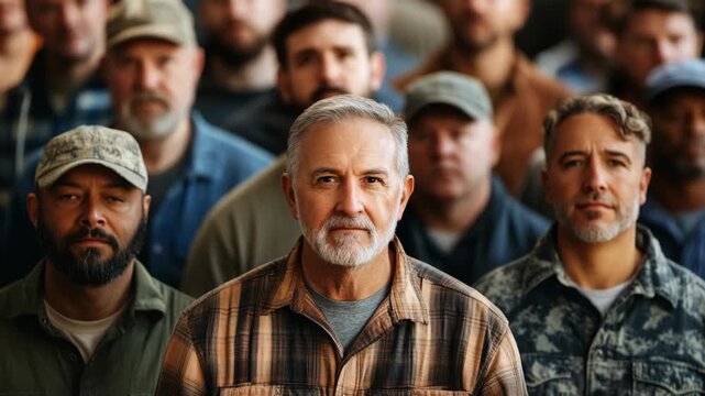 group of men standing together looking at camera with serious face, people different race and age 