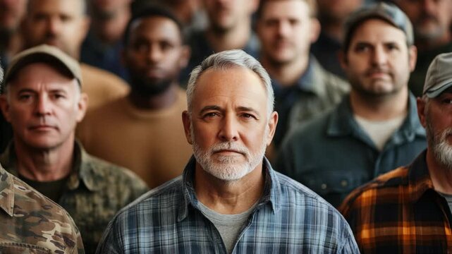 group of men standing together looking at camera with serious face, people different race and age 