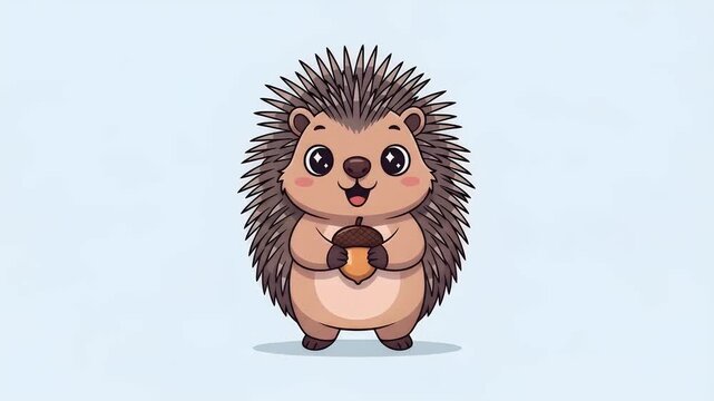 Cute cartoon hedgehog holding acorn smiling simple
