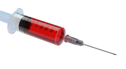 Medical syringe filled with red liquid close-up shot showing needle and plunger health care