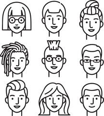 Set of diverse character avatars with various hairstyles Minimalist black line art icons collection.