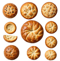 Variety of golden brown round baked goods and artisan bread collection