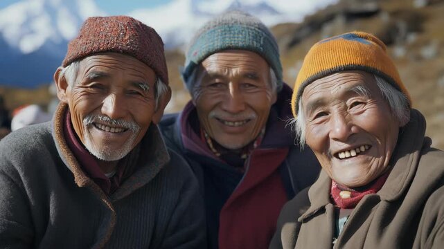 group of senior Nepalese old men smiling together at rural countryside outdoor with snowcap mountain as background	
