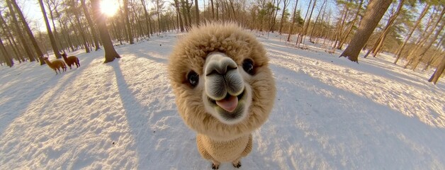 Joyful alpacas playfully posing in a snowy landscape under a bright sky, capturing the essence of winter delight in vibrant daylight