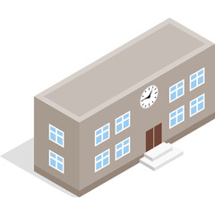 Isometric building with a clock face and multiple windows and a door on a light gray background with a stark shadow indicating a bright light source