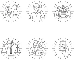 Set of handdrawn line art icons depicting business legal and communication concepts.