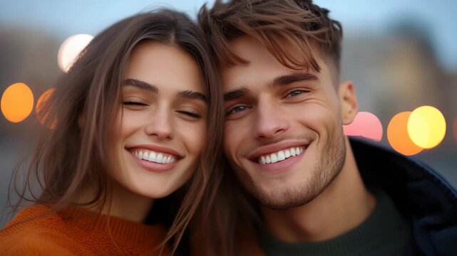 young Spanish Caucasian love couple smile together at city street 