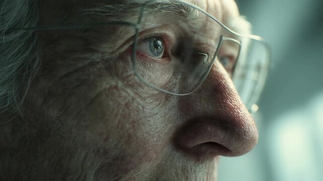 A highly detailed macro shot of an old man's face, focusing on his eye and textured skin. The photo conveys emotion, depth, and the beauty of aging in natural light