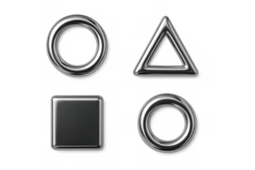 3d chrome metallic geometric shapes set including circle, square, and triangle symbols on transparent background