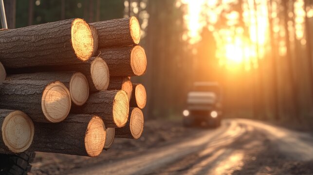A truck with a crane unloads cut trees on a forest road under the bright sun, surrounded by a stack of logs and towering trees