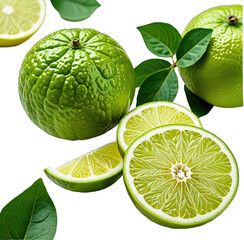 Close-up of sliced and whole green citrus fruits with leaves