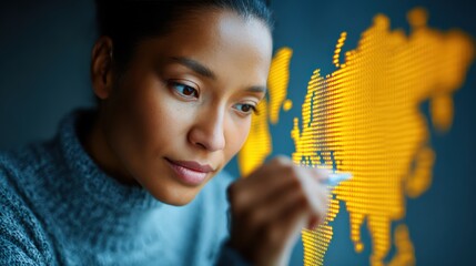 A female logistics company employee marking cargo shipments on a map