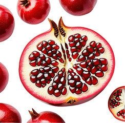 Close-up of a cut open fruit with bright red seeds