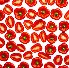Overhead shot of numerous cut and whole red bell peppers on black