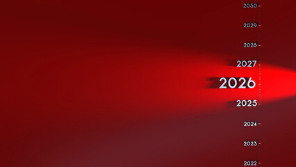 texte 2026 dans une frise chronologique éclairé par un spot de lumière - rendu 3D	sur fond rouge
