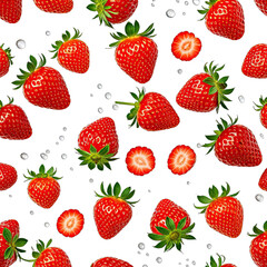 Strawberry pattern with red fruit, leaves on black background