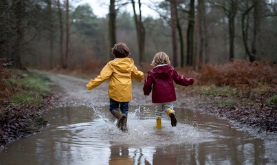 two kids from behind jumping in a puddle on a rainy day in the woods