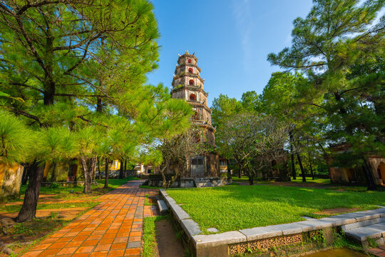 Aerial view of Thien Mu pagoda in Hue, Vietnam, one of the ancient pagoda in Hue city.