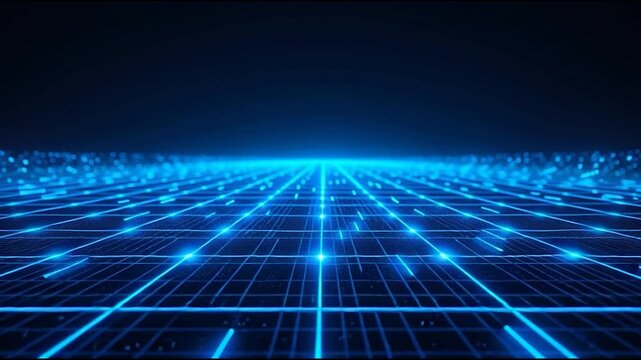 A futuristic digital grid with blue lines on a dark background.