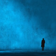 Obraz premium Person standing alone in a blue-toned space during the evening