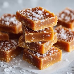 Homemade salted caramel squares stacked on a marble countertop in a cozy kitchen setting