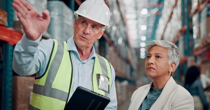 Logistics, discussion and team with tablet in warehouse for inventory inspection, planning and WMS. Supply chain manager, mature people and tech for quality assurance, stock management and shipping