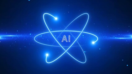 Futuristic abstract grafic design of atom with glowing blue lines, points and AI text in the center. Technology concept for nuclear energy - 3D Illustration