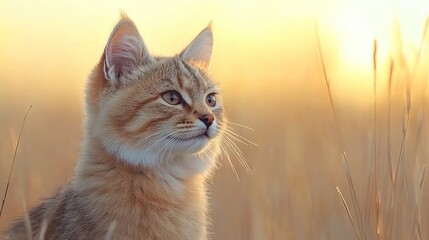 A curious cat gazing at the golden hour sky amidst winter grass, capturing the beauty of nature in high definition