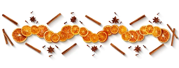 Fototapete Zu Essen Orange slice garland surrounded by cinnamon sticks, star anise, and cloves on white. Christmas, Winter or New Year concept  © Svetlana Kolpakova