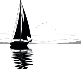 Sailing boat illustration silhouette sailboat on river vector with whit background.